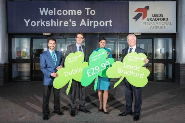 Picture shows (left to right) Jose Alexander air crew. Julian Carr managing director Stobart Air. Marina Gomes De Costa air crew. John Parkin Chief Ex leeds airport at Leeds Bradford Airport launching Aer Lingus Regionals new Dublin route today.