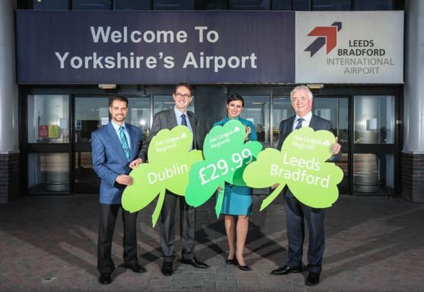 Picture shows (left to right) Jose Alexander air crew. Julian Carr managing director Stobart Air. Marina Gomes De Costa air crew. John Parkin Chief Ex leeds airport at Leeds Bradford Airport launching Aer Lingus Regionals new Dublin route today.