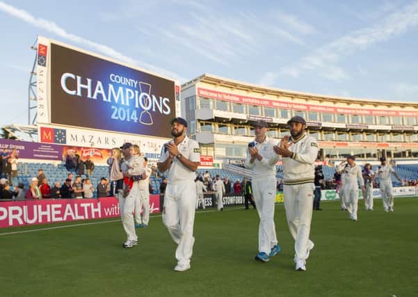 Yorkshire's players parade round the pitch at Headingley with the LV County Championship trophy. Picture by Allan McKenzie/SWpix.com