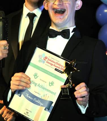 Yorkshire Children of Courage Awards 2014, New Dock Hall, Royal Armouries, Leeds.
Thomas Raddings expresses his delight on winning a Sporting Achievement award (13-18 years old)
