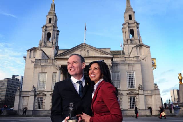 Leeds-born film director Wash Westmoreland, now living in Los Angles, with his Yorkshire Patron award alongside his old school friend Sarah Shafi.