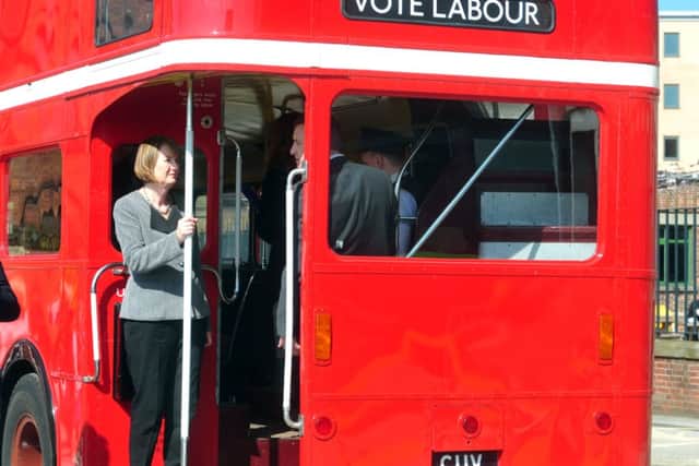 Harriet Harman on a London bus at the launch of Labour's local government campaign at The Tetley Gallery, Leeds. Picture by Tony Johnson