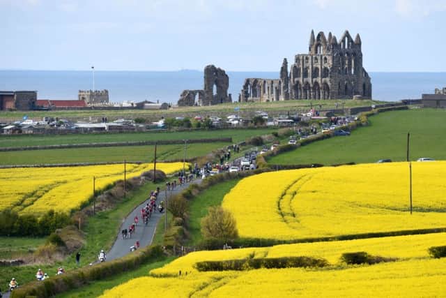 The Peloton rides up Hawsker Lane, Whitby, during the Tour de Yorkshire between Bridlington and Scarborough.