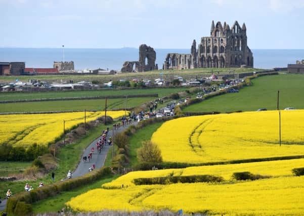 The Peloton rides up Hawsker Lane, Whitby, during the Tour de Yorkshire between Bridlington and Scarborough.