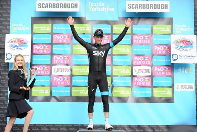 Team Sky rider Lars Petter Nordhaug celebrates after winning the first stage of the Tour de Yorkshire