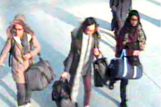 15-year-old Amira Abase, Kadiza Sultana, 16, and Shamima Begum, 15, from East London, at Gatwick airport in February before flying to Syria.