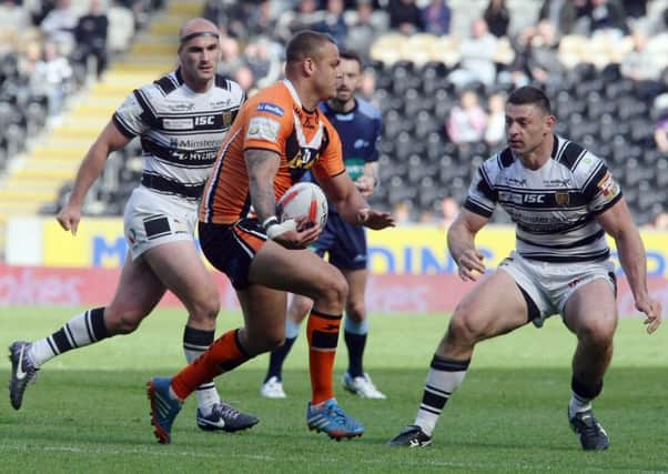 Castleford's Jordan Tansey finds his path blocked at the KC Stadium.