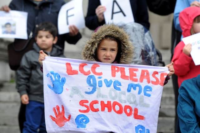 Sofia Desaraju, aged four, during protest rally over school places.