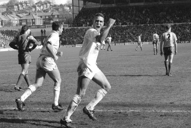 Vinnie Jones gesticulates with a clenched fist celebrating a goal for 
Leeds United against Sheffield United in Division 2 in 1990.The link with Joey Barton revives memories of Jones.