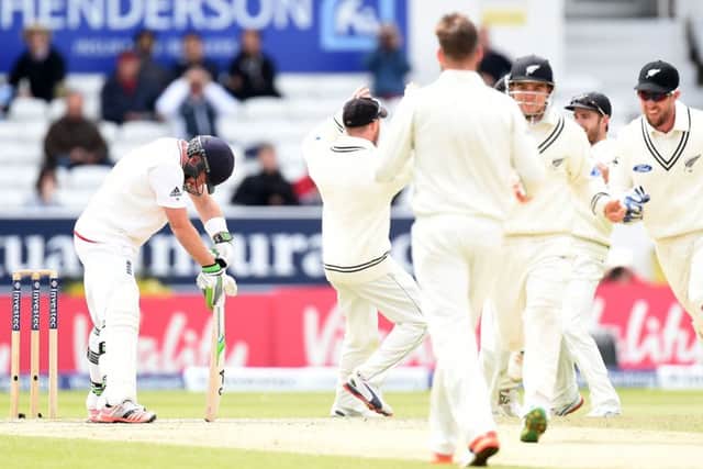 Ian Bell stands dejected after being caught out against New Zealand, one of five wickets to fall on the final morning to leave the hosts on 102-5 at lunch. Picture: PA.