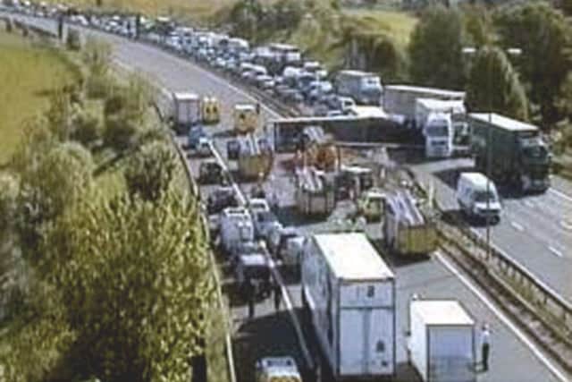 The scene of the accident involving an HGV which crossed the central reservation and collided with vehicles travelling in the opposite direction.