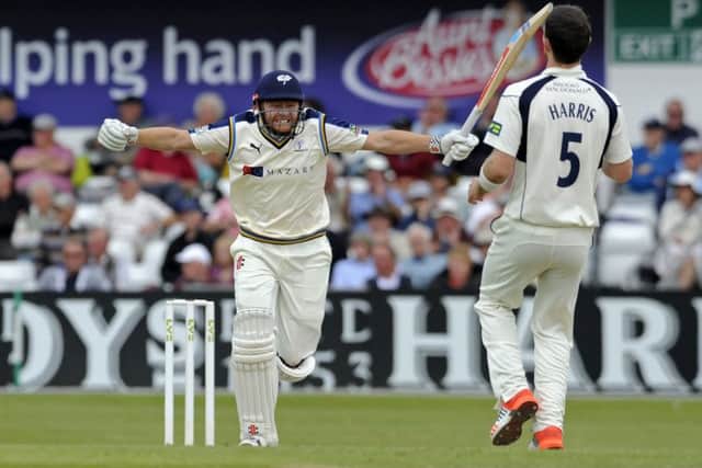 Jonny Bairstow celebrates his century off a James Harris delivery. Picture: Bruce Rollinson