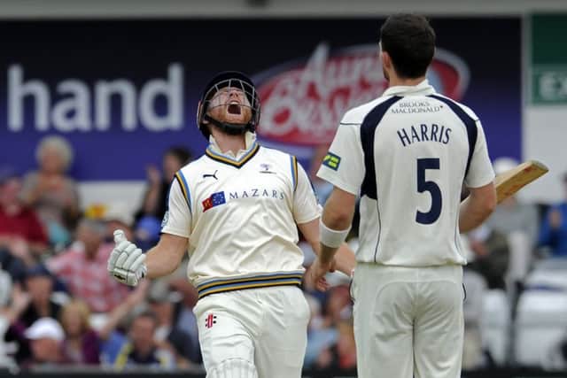 Jonny Bairstow celebrates his century with gusto. Picture: Bruce Rollinson