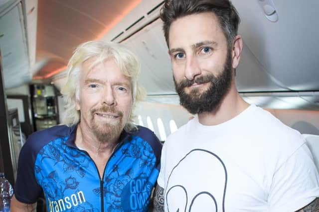 Leeds cycling apparel entrepreneur Sam Morgan (right) who won a mentoring session in the sky with Sir Richard Branson