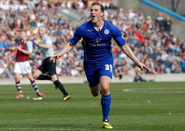 Leicester City's Chris Wood celebrates scoring the second goal during the Sky Bet Championship match at Turf Moor, Burnley.