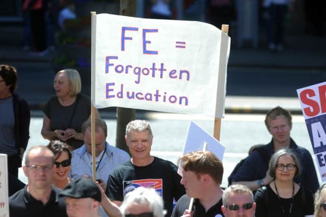 College staff gathered in Leeds city centre today to rally for further education.
