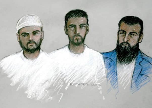 Artist's sketch (from left) Mohammed Shakil, Waheed Ali and Sadeer Saleem appearing at Westminster Magistrates Court.