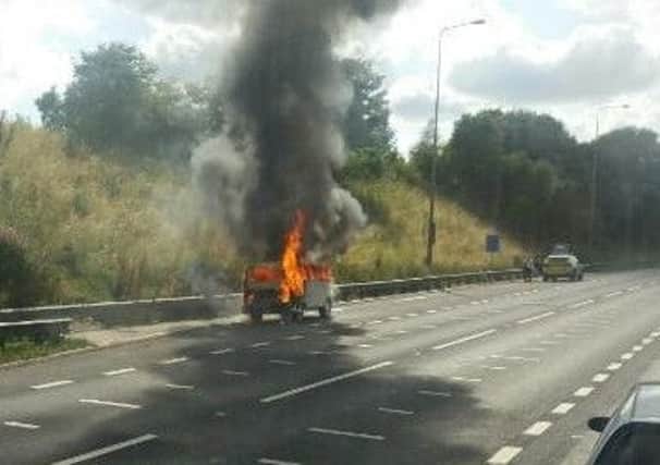 This camper van fire brought the M62 to a near-standstill. Picture courtesy of @TruckerAsh