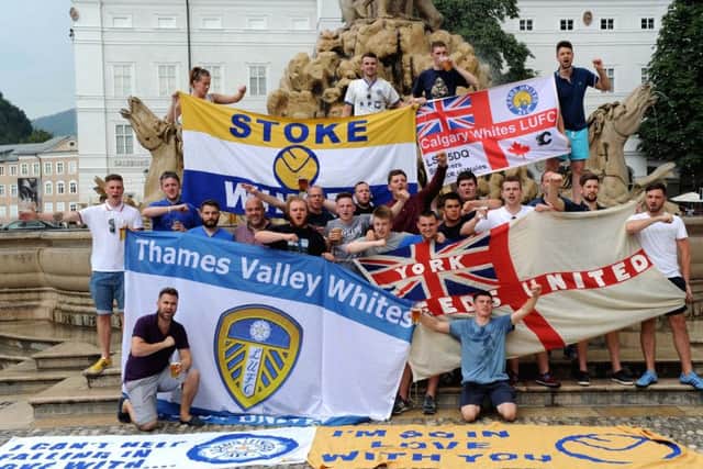 Leeds United fans gather in the centre of Salzburg.
 PIC: Jonathan Gawthorpe