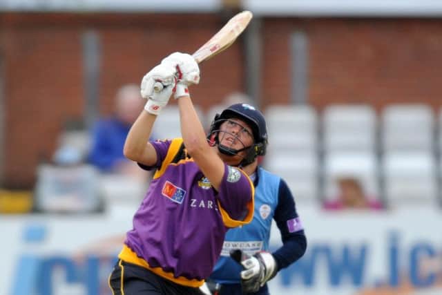 Gary Ballance, who top scored with 69 for Yorkshire against Derbyshire, hits a mighty six (Picture: Steve Riding).