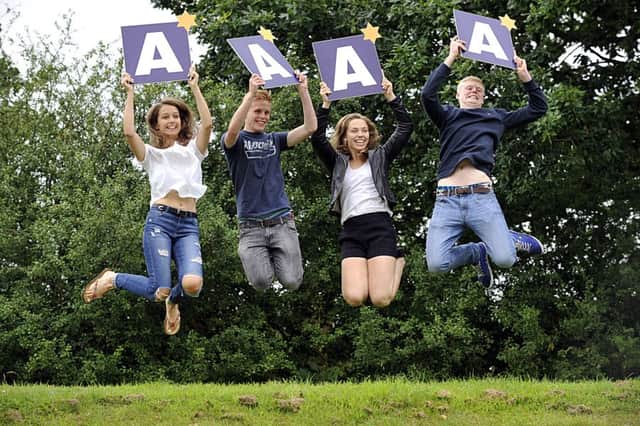Two sets of twins celebrate A passes at The Grammar School at Leeds A level results.
From left, Amy Smith, Jack Allison, Jess Smith, Sam Alison.