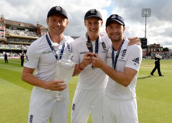 Yorkshires Jonny Bairstow, Joe Root and Adam Lyth, l-r, celebrate Englands Ashes series victory over Australia (Pictures: Philip Brown/PA).