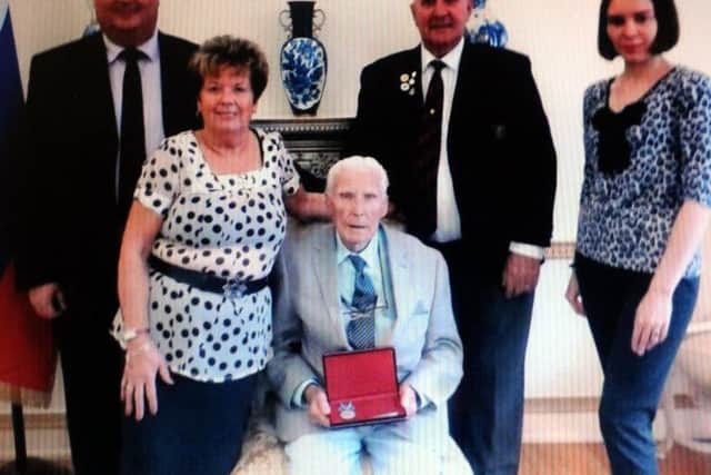 The Ushakov Medal is given to Artic Convoy Veteran Fred Jackson ...SH100142037f..26th August 2015 ..Picture by Simon Hulme
