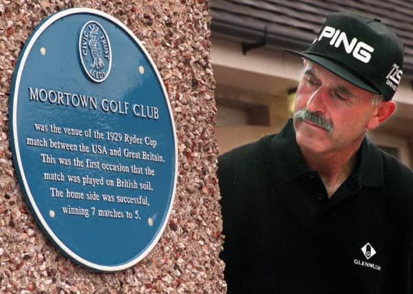 Former Ryder Cup player and captain Mark James pictured by the blue plaque at Moortown GC commemorating its standing in golfing history as the first British Ryder Cup venue.