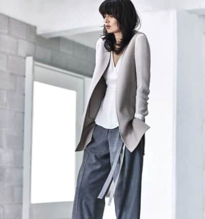 Wool flannel slouch trousers, £120; top and jacket, from a selection to come at Jigsaw.