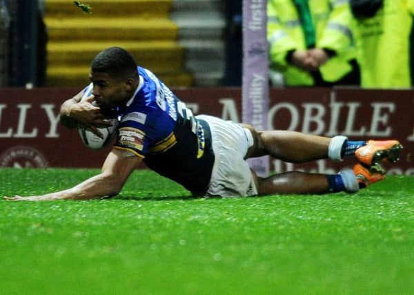 First Utility Super League Super 8's
Leeds Rhinos v Wigan Warriors.
Rhinos Kallum Watkins goes over to score.
14th August 2015.
Picture : Jonathan Gawthorpe