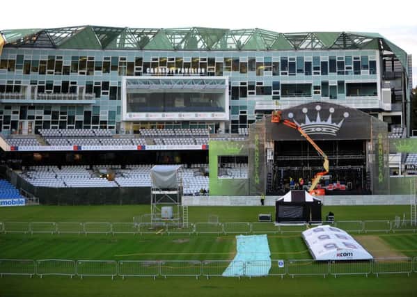 The stage goes up on the cricket pictch at Headingley for the Madness concert.