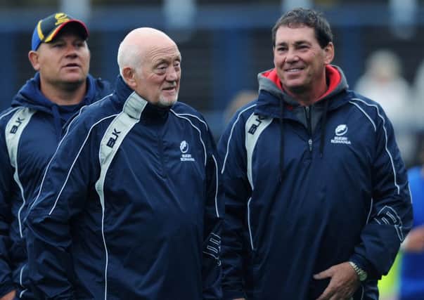 Romania coach Lynn Howells (centre) with defence coach Neil Kelly (right).
 
(Picture: Jonathan Gawthorpe)