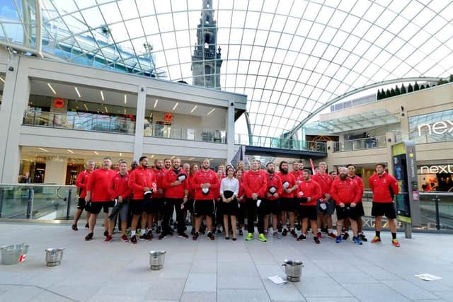 Canadian rugby players at Trinity Leeds today. Picture James Hardisty.