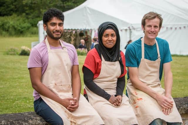 The Great British Bake Off 2015 finalist Tamal Ray, Nadiya Jamir Hussain and Ian Cumming. (C) Love Productions - Photographer: Mark Bourdillon