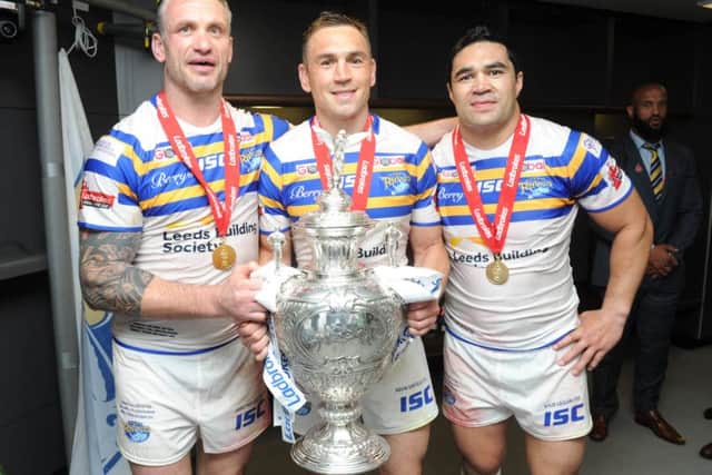 Jamie Peacock Kevin Sinfield and Kylie Leuluai at the Challenge Cup Final in Wembley.