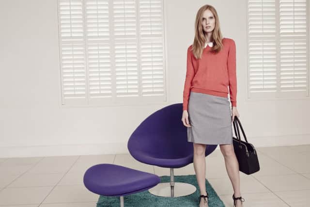 French knot jumper, £59; Peter Pan collar shirt, £59; split skirt, £59; black bowler bag, £129. All Dickins & Jones.