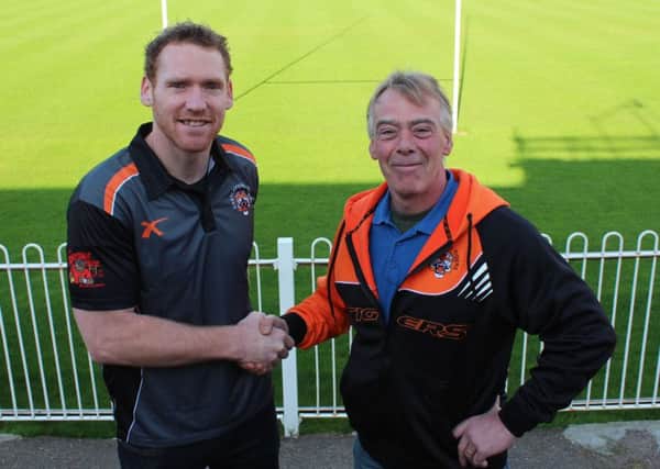 Castleford Tigers' new signing Joel Monaghan with Tigers chairman Ian Fulton.