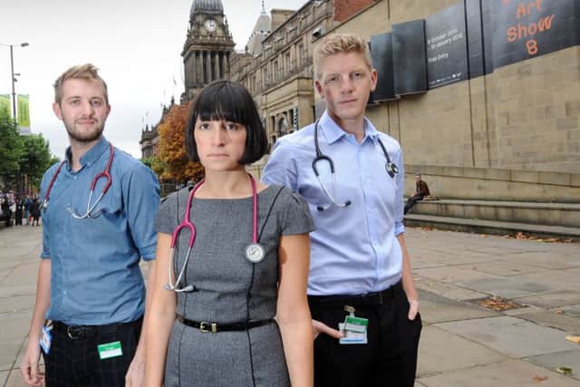 Dr Alia Yaqub (centre) pictured with junior doctors Nick Spencer (left) and Tom Bamford in Leeds. (Picture by Simon Hulme).