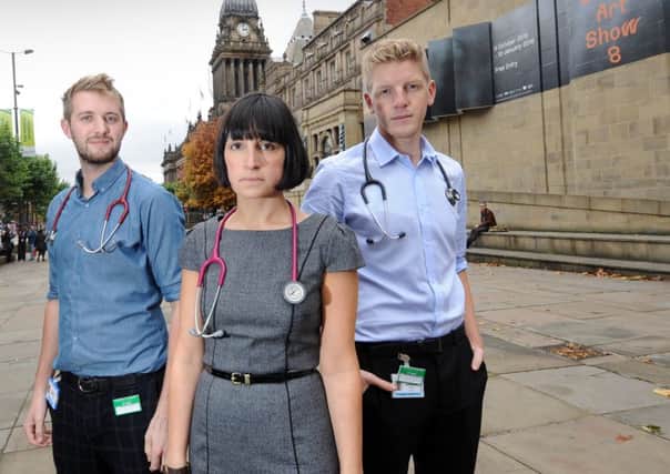 Dr Alia Yaqub (centre) pictured with junior doctors Nick Spencer (left) and Tom Bamford in Leeds. (Picture by Simon Hulme).