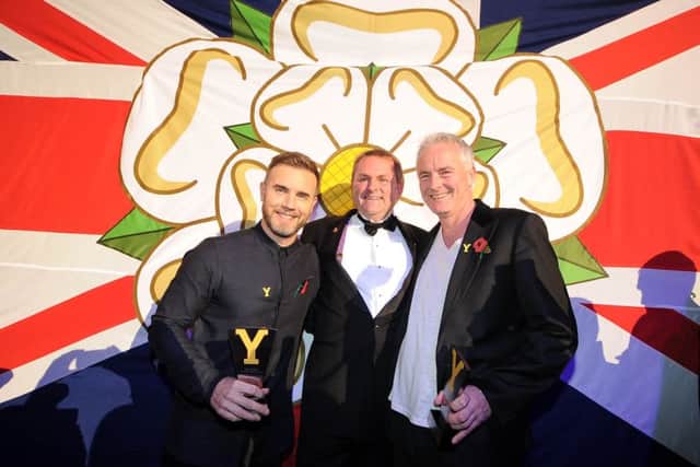 Gary Barlow, with Sir Gary Verity  Welcome to Yorkshire Chief Executive, and Tim Firth, Co-Writer of The Girls. PIC: James Hardisty