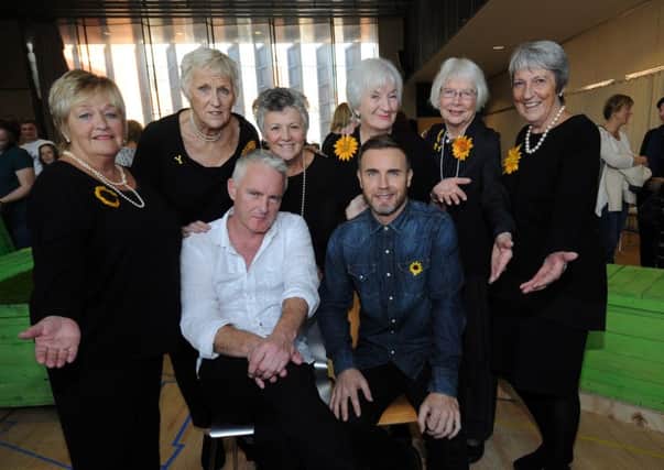 The Calendar girls meet Gary Barlow and Tim Firth, after the Rehearsals of the Girls musical, London..SH100142371a...20th October 2015 ..Picture by Simon Hulme