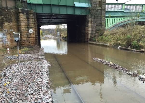 Picture taken from the Twitter feed of Northern Rail, showing flooding on the railway line at Kirkstall, Leeds.