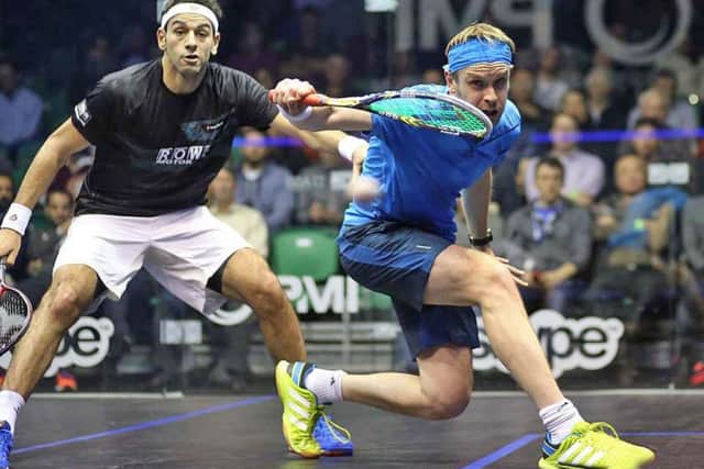 James Willstrop, right, on his way to victory over tournament favourite and world No 1 Mohamed Elshorbagy at the World Championships. Picture: squashpics.com