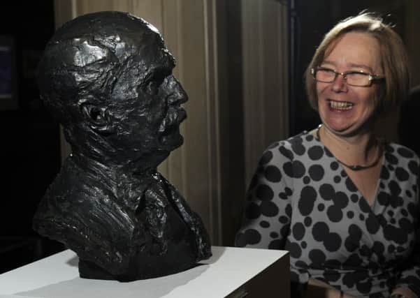 Professor Sheena Radford FRS, Astbury Professor of Biophysics and the Director of the Astbury Centre for Structural Molecular Biology, unveils a bust to William Bragg in the Parkinson Building at Leeds University, who invented the world's first X-ray crystalography machine in 1915, a landmark in science equivalent to Einstein's special theory of relativity.  11 December 2015.  Picture Bruce Rollinson