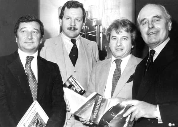 DECEMBER 1982:
 Pictured (left to right) Mr. Robin Ray, Mr. Bill Beaumont, Mr. Ashley Jackson, Mr. Hammond Innes.