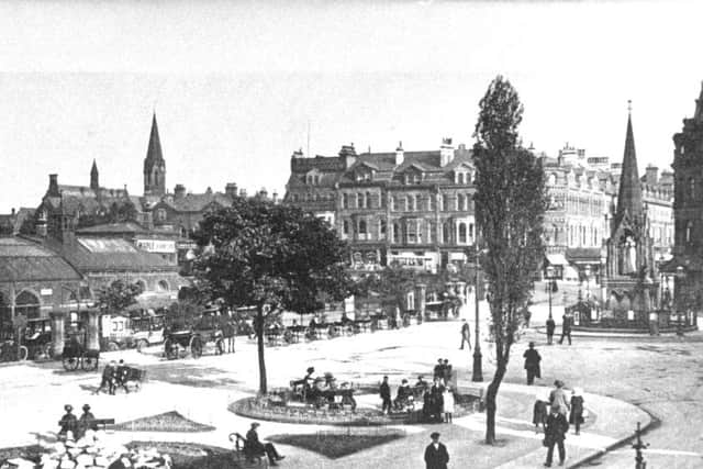 Harrogate Station Square pictured in the First World War. To the right is the Queen Victoria Statue erected in 1887.