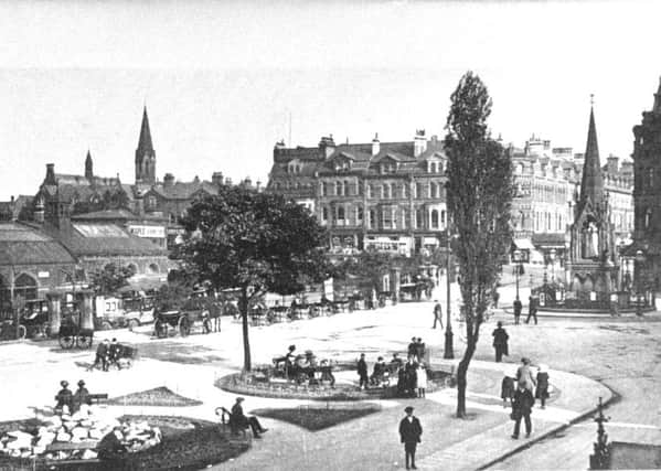 Harrogate Station Square pictured in the First World War.
 To the right is the Queen Victoria Statue erected in 1887.