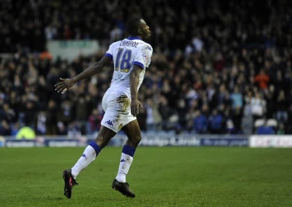 Mustapha Carayol turns to celebrate his debut goal for Leeds.