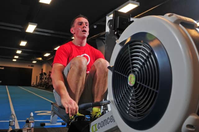 Phill Wright during his rowing challenge at Primal Gym. Picture by Tony Johnson.