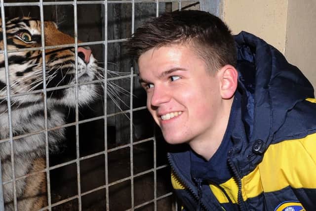 Sam Byram gets friendly with a Tiger at Flamingo Land back in April 2013.